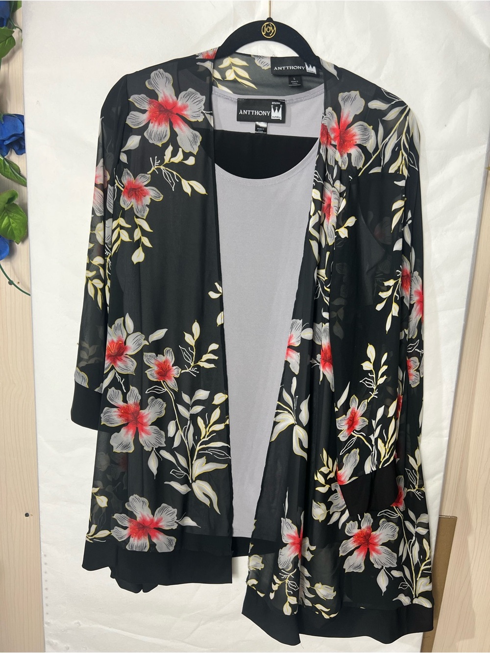 Antthony Black Floral Kimono Jacket with Red and Cream Flowers